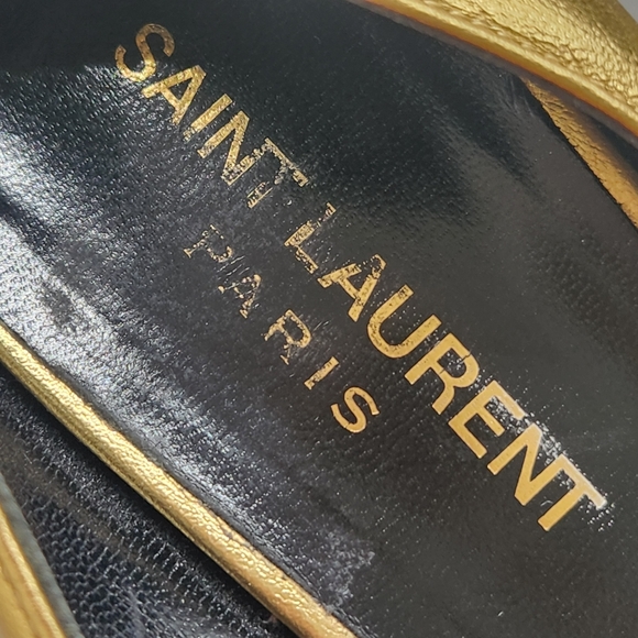 Saint Laurent Pumps 8.5 Golden Leather Stiletto Pointed Toe Luxury Made In Italy - Picture 13 of 16
